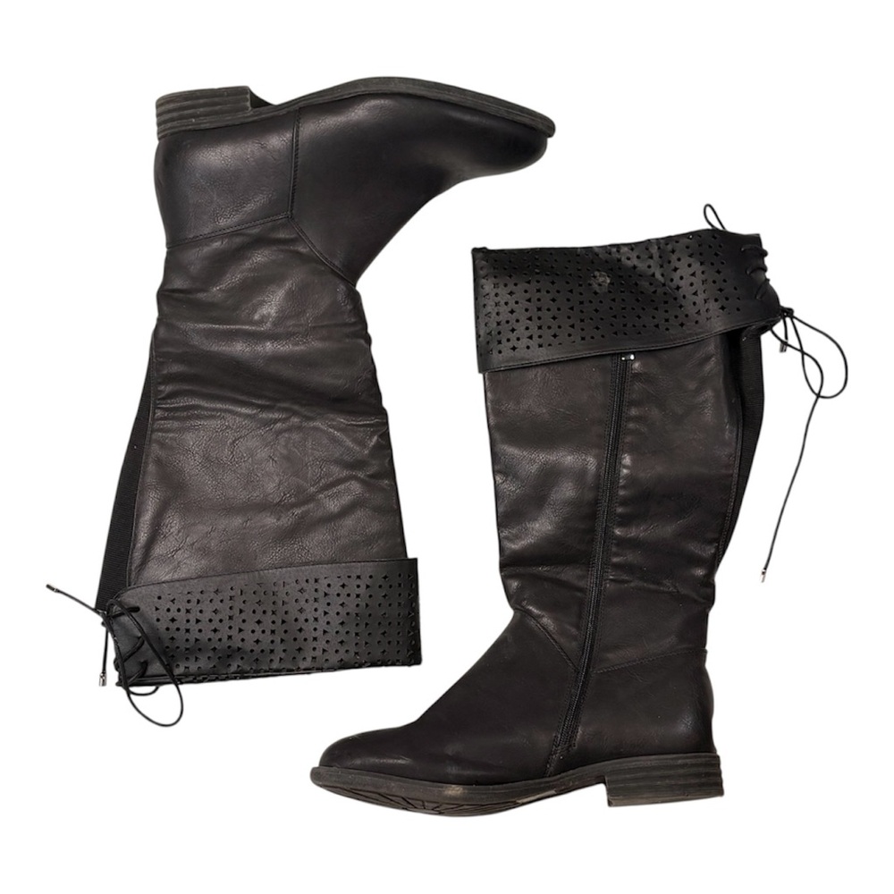 Black Slouchy Knee-High Lace-Up Boots